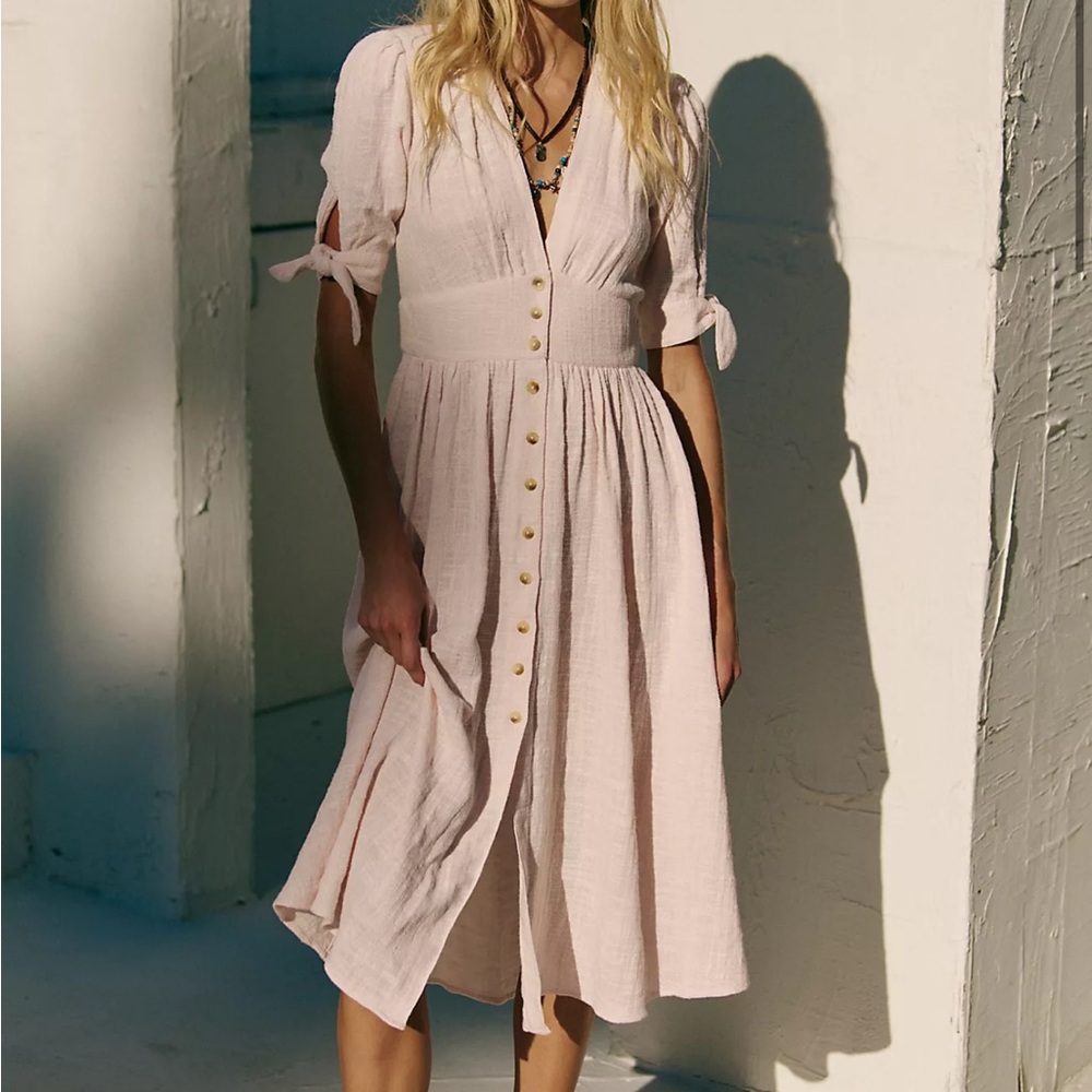 Free People Light Pink Midi Dress with Button Front